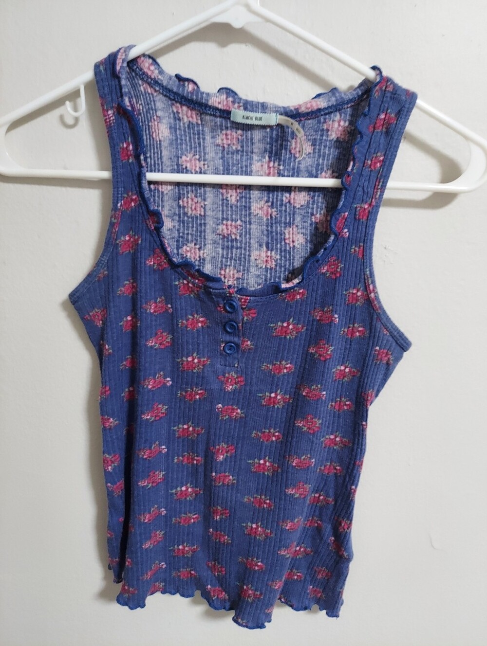 Blue Floral Ribbed Tank with Front Buttons